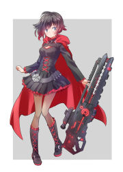 Rule 34 | 1girl, belt, black dress, black hair, boots, border, breasts, brown pantyhose, cape, closed mouth, corset, dress, flower, frills, full body, gradient hair, grey eyes, gun, highres, hood, hooded cape, iesupa, long sleeves, looking at viewer, multicolored hair, pantyhose, red cape, red hair, rifle, rose, ruby rose, rwby, scope, short hair, solo, weapon, white border