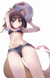 Rule 34 | 1girl, animal ear fluff, animal ears, armpits, arms up, ball, bare legs, beachball, bikini, blue archive, blue bikini, bow, bow bikini, braid, breasts, brown eyes, brown hair, denim, denim shorts, dot nose, epi zero, flower ornament, from below, hat, highres, holding, holding ball, holding beachball, izuna (blue archive), izuna (swimsuit) (blue archive), light blush, light smile, looking at viewer, looking down, medium hair, multicolored hair, navel, pink hair, shorts, simple background, single braid, small breasts, solo, striped bikini, striped clothes, swimsuit, tail, thighs, visor cap, white background, white bikini, wolf ears, wolf girl, wolf tail, yellow hat