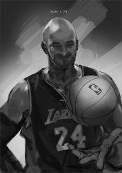 Rule 34 | 1boy, ball, basketball, basketball (object), basketball jersey, basketball uniform, burari, closed eyes, commentary, dark-skinned male, dark skin, dated, detached sleeves, english commentary, facial hair, grey background, greyscale, kobe bryant, los angeles lakers, male focus, manly, monochrome, national basketball association, realistic, single detached sleeve, solo, sportswear, stubble, very dark skin