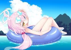 Rule 34 | :d, ahoge, arm up, bikini, blue-tinted eyewear, blue archive, blue eyes, blue hair, blue sky, blush, cloud, commentary request, day, eyewear on head, fang, hair between eyes, hair bobbles, hair ornament, halo, heterochromia, hoshino (blue archive), hoshino (swimsuit) (blue archive), innertube, kokone (coconeeeco), long hair, looking at viewer, looking back, low twintails, lying, multicolored hair, on back, open mouth, outdoors, pink hair, sandals, sky, smile, sunglasses, swim ring, swimsuit, tinted eyewear, twintails, two-tone hair, very long hair, water, white-framed eyewear, white bikini, white footwear, yellow eyes