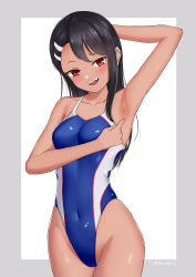 Rule 34 | 1girl, absurdres, armpits, black hair, blue one-piece swimsuit, blush, border, brown eyes, commentary request, competition swimsuit, cowboy shot, dark-skinned female, dark skin, earclip, grey border, hair ornament, hairclip, highleg, highleg swimsuit, highres, ijiranaide nagatoro-san, long hair, looking at viewer, nagatoro hayase, nose blush, one-piece swimsuit, parted bangs, shinalpha, smile, solo, swimsuit, two-tone background, white background