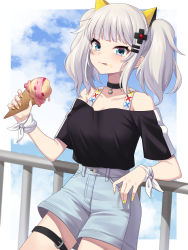 Rule 34 | 1girl, absurdres, bare shoulders, black choker, black shirt, blue eyes, blue sky, border, breasts, child (isoliya), choker, cloud, collarbone, commentary request, cowboy shot, cross hair ornament, day, food, food on face, grey shorts, hair ornament, hairclip, hand up, highres, holding, holding food, ice cream, ice cream cone, kaguya luna, looking at viewer, medium breasts, nail polish, off-shoulder shirt, off shoulder, outdoors, outside border, railing, ribbon, shirt, short hair, short sleeves, shorts, sidelocks, silver hair, sky, solo, standing, the moon studio, thigh strap, tongue, tongue out, twintails, virtual youtuber, white border, white ribbon, wrist ribbon, yellow nails