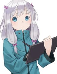 Rule 34 | 1girl, aqua jacket, blue eyes, bow, closed mouth, commentary request, drawing tablet, eromanga sensei, grey hair, hair bow, highres, holding, holding stylus, izumi sagiri, jacket, long hair, long sleeves, looking at viewer, low-tied long hair, pink bow, shimizu tomoki, simple background, solo, stylus, upper body, white background
