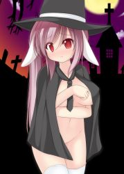 Rule 34 | 1girl, animal ears, bad id, bad pixiv id, black necktie, blush, breasts, cape, chimunge, collarbone, female focus, groin, halloween, hat, large breasts, long hair, naked cape, navel, nearly naked cape, necktie, nude, pink hair, rabbit ears, red eyes, reisen udongein inaba, solo, thighhighs, touhou, white thighhighs, witch hat