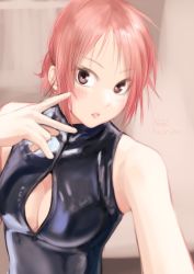 Rule 34 | 1girl, black one-piece swimsuit, blush, breasts, brown eyes, cleavage, cleavage cutout, clothing cutout, competition swimsuit, front zipper swimsuit, hand up, highres, kilye kairi, large breasts, looking at viewer, meme attire, one-piece swimsuit, original, parted lips, pink hair, smile, solo, swimsuit, v