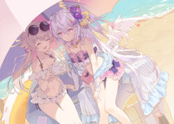 Rule 34 | 2girls, ahoge, angel wings, azusa (blue archive), azusa (swimsuit) (blue archive), bare shoulders, beach, bead necklace, beads, bikini, bikini skirt, blue archive, cellphone, closed eyes, collarbone, commentary request, day, eyewear on head, feathered wings, flower, food-themed hair ornament, frilled bikini, frills, hair between eyes, hair flaps, hair flower, hair ornament, halo, hand on another&#039;s hand, hifumi (blue archive), hifumi (swimsuit) (blue archive), holding, holding phone, jewelry, light brown hair, long hair, low twintails, low wings, multicolored bikini, multicolored clothes, multiple girls, navel, necklace, ocean, official alternate costume, orange hair ornament, outdoors, peroro (blue archive), phone, pink eyes, purple flower, ribbon, ribbon-trimmed bikini, ribbon-trimmed swimsuit, ribbon trim, round eyewear, signature, sitting, smartphone, smartphone case, strapless, strapless bikini, sunglasses, swimsuit, tautiki, twintails, umbrella, under umbrella, watermelon hair ornament, white bikini, white hair, white wings, wing hair ornament, wings