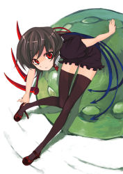 Rule 34 | 1girl, akanagi youto, asymmetrical wings, bad id, bad pixiv id, black hair, black thighhighs, dress, female focus, full body, houjuu nue, legs, putting on shoes, red eyes, short hair, solo, thighhighs, touhou, ufo, white background, wings