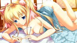 Rule 34 | 1girl, bed sheet, blonde hair, blue eyes, breasts, doumyouji sakura, fue (tsuzuku), game cg, glasses, large breasts, light, lying, morning, naked sheet, naked towel, nude, on stomach, solo, towel, twintails, volume7