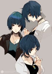 Rule 34 | 10s, 1girl, blue hair, blunt bangs, brown eyes, collage, collar, jacket, jewelry, lab coat, leather, leather jacket, multiple views, nail polish, necklace, nineo, persona, persona 5, short hair, studded collar, takemi tae, upper body