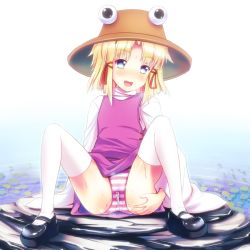 Rule 34 | 1girl, bad id, bad pixiv id, blonde hair, blue eyes, female focus, hat, inuga anahoru, mary janes, moriya suwako, open mouth, panties, pussy juice, shoes, sitting, solo, spread legs, striped clothes, striped panties, thighhighs, touhou, underwear, wet, wet clothes, wet panties