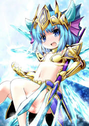 Rule 34 | 1girl, alternate costume, armor, blue eyes, blue hair, blush, cirno, cosplay, fang, frost demon (p&amp;d), hellice frost demon (p&amp;d), hellice frost demon (p&amp;d) (cosplay), helm, helmet, horns, inyucchi, matching hair/eyes, midriff, navel, polearm, power connection, puzzle &amp; dragons, solo, touhou, trident, weapon, wings