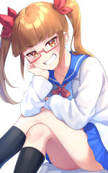 1girl absurdres black_socks blue_skirt blush bow brown_eyes brown_hair commission crossed_legs glasses grin hair_bow highres idolmaster idolmaster_cinderella_girls idolmaster_cinderella_girls_starlight_stage ikebukuro_akiha kishinaito kneehighs long_hair long_sleeves looking_at_viewer pink-framed_eyewear red_bow school_uniform serafuku shirt sidelocks simple_background sitting skirt smile socks solo twintails white_background white_shirt