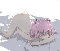 Rule 34 | 1girl, ass, blush, character request, closed mouth, copyright request, crying, closed eyes, female masturbation, fingering, hair ribbon, masturbation, nude, on bed, pillow, pink hair, ribbon, sad, sansho ss, solo, tears, top-down bottom-up, twintails