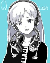 Rule 34 | 1girl, :d, bad drawr id, bad id, black shirt, blue background, collarbone, colored skin, curtained hair, earphones, earphones removed, english text, grey eyes, headphones, headphones around neck, long hair, long sleeves, looking at viewer, oekaki, open mouth, original, outline, piano print, shirt, simple background, smile, solo, teeth, upper body, upper teeth only, white outline, white skin, ysmmzr