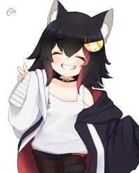 Rule 34 | 1girl, aged down, animal ear fluff, animal ears, black hair, black shorts, blush, brown pantyhose, closed eyes, commentary, cowboy shot, grin, hololive, jacket, long hair, multicolored hair, nejime, off shoulder, ookami mio, ookami mio (casual), open clothes, open jacket, pantyhose, red hair, shirt, shorts, signature, simple background, smile, solo, streaked hair, very long hair, virtual youtuber, white background, white shirt, wolf ears, wolf girl