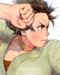 Rule 34 | 1girl, brown eyes, brown hair, choker, close-up, commentary, determined, dougi, fighting stance, highres, karate gi, looking ahead, makoto (street fighter), quasimodox, short hair, solo, street fighter, v-shaped eyebrows, yellow choker