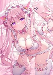Rule 34 | 1girl, absurdres, animal ears, bare shoulders, bikini, blush, breasts, cleavage, detached collar, detached sleeves, frilled bikini, frills, highres, holding, holding phone, indoors, kneeling, large breasts, long hair, long sleeves, looking at viewer, on bed, original, phone, pink hair, pink ribbon, purple eyes, ribbon, selfie, shiono (0303), solo, swimsuit, tail, taking picture, thigh strap, thighhighs, twintails, white bikini, white thighhighs