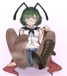 Rule 34 | 1girl, absurdres, adapted costume, antennae, bespectacled, big mouse, black cape, blue shorts, blush, boots, breasts, brown pantyhose, buttons, cape, collared shirt, commentary request, commission, cross-laced footwear, feet, foot focus, full body, glasses, green eyes, green hair, grin, hair between eyes, highres, holding, holding boots, holding clothes, holding footwear, long bangs, looking at viewer, medium breasts, open fly, pantyhose, pantyhose under shorts, pixiv commission, red-framed eyewear, red cape, red pupils, shirt, short hair, shorts, single boot, sleeveless, sleeveless shirt, smile, soles, solo, thighband pantyhose, torn clothes, torn sleeves, touhou, two-sided cape, two-sided fabric, white shirt, wriggle nightbug