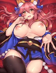 Rule 34 | 10s, 1girl, :d, animal ear fluff, animal ears, bed sheet, black thighhighs, blue bow, blush, bow, breasts, breasts apart, breasts out, brown eyes, collarbone, commentary, cowboy shot, fate/extra, fate/grand order, fate (series), finger to mouth, fox ears, fox tail, from above, groin, hair between eyes, hair bow, japanese clothes, kimono, large breasts, loincloth, long hair, long sleeves, looking at viewer, looking up, lying, nipples, off shoulder, on back, open clothes, open kimono, open mouth, osiimi, outstretched hand, pelvic curtain, pink hair, pink lips, presenting, round teeth, sash, shiny skin, sidelocks, smile, solo, sparkle, spread fingers, tail, tamamo (fate), tamamo no mae (fate/extra), teeth, thighhighs, wide sleeves