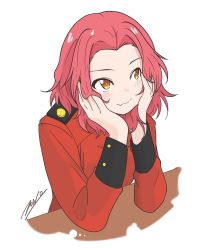 Rule 34 | 1girl, artist name, commentary, elbow rest, epaulettes, fang, girls und panzer, head rest, highres, jacket, light blush, long sleeves, looking to the side, medium hair, military, military uniform, one-hour drawing challenge, orange eyes, red hair, red jacket, rosehip (girls und panzer), signature, skin fang, solo, st. gloriana&#039;s military uniform, uniform, upper body, white background, zono (inokura syuzo029)
