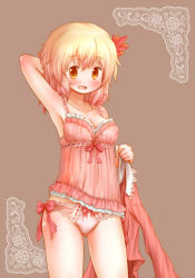 Rule 34 | 1girl, aki shizuha, arinu, arm behind head, arm up, armpits, babydoll, blonde hair, blush, bow, bow panties, breasts, brown background, brown eyes, camisole, cowboy shot, dress, covered erect nipples, hair ornament, highres, holding, holding clothes, lace, lace-trimmed panties, lace trim, leaf hair ornament, lingerie, looking at viewer, medium breasts, open mouth, panties, pink panties, unworn shirt, short hair, simple background, sleepwear, sleeveless, smile, solo, standing, touhou, underwear, underwear only