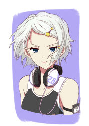 Rule 34 | 1girl, arm strap, arms at sides, artist name, bare shoulders, black shirt, blue eyes, cable, character name, closed mouth, collarbone, digital media player, eyelashes, hair ornament, hairclip, headphones, headphones around neck, highres, makeup, mascara, mole, mole under mouth, nier:automata, nier (series), no blindfold, pink lips, shirt, short hair, silver hair, sleeveless, sleeveless shirt, smile, solo, star (symbol), star hair ornament, swept bangs, trudog, upper body, 2b (nier:automata)