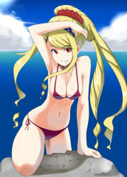 Rule 34 | 1girl, arm support, babylon (game), bikini, blonde hair, breasts, cleavage, daniel (artist), day, drill hair, grin, large breasts, long hair, looking at viewer, marie antoinette (babylon), navel, ocean, ponytail, red bikini, red eyes, shading eyes, side-tie bikini bottom, smile, solo, swimsuit, thighs, water