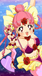 Rule 34 | 1990s (style), 1girl, bikini, bikini top only, bindi, bishoujo senshi sailor moon, bishoujo senshi sailor moon supers, blue background, bow, cerecere (sailor moon), clone, dress, dual persona, flower, hair bow, hair bun, hair flower, hair ornament, hair rings, heart, highres, long hair, midriff, mikiky, multiple hair bows, navel, pink hair, pink legwear, red eyes, red flower, red rose, retro artstyle, rose, sandals, single hair bun, skirt, smile, sparkle, swimsuit, twintails, yellow bow, yellow dress, yellow skirt
