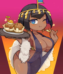 Rule 34 | 1girl, black hair, blue eyes, blush, bob cut, breasts, bright pupils, cleavage, collarbone, covered navel, cowboy shot, cupcake, earrings, eating, eliza (skullgirls), eyebrows hidden by hair, feather boa, food, food on face, fork, highres, imeni-art, jewelry, large breasts, looking at viewer, navel, one eye closed, plate, red background, see-through, short hair, skullgirls, smile, solo, sparkle, spotlight, thick thighs, thighs, thong, tiara, white pupils, wide hips, yellow background