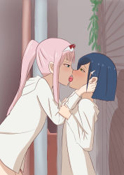 Rule 34 | 2girls, absurdres, blue eyes, blue hair, blush, darling in the franxx, french kiss, green eyes, highres, ichigo (darling in the franxx), kiss, long hair, multiple girls, pink hair, ponytail, saliva, shadow, short hair, tongue, tongue out, user vysp5833, yuri, zero two (darling in the franxx)