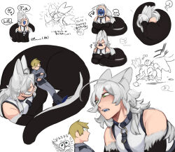Rule 34 | 2boys, animal ear fluff, animal ears, black collar, blonde hair, blue tongue, cat boy, cat ears, cat tail, centauroid, chest harness, claws, closed eyes, collar, colored tongue, commentary request, curled up, fangs, full body, giant, green eyes, grey hair, harness, highres, licking lips, long hair, looking at another, lying, lying on person, male focus, monster boy, multiple boys, multiple views, on side, on stomach, open mouth, original, running, shirt, short hair, simple background, sleeveless, sleeveless shirt, tail, taur, tongue, tongue out, translation request, very short hair, white background, yawning, zzb azz