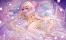 Rule 34 | 1girl, :o, animal print, blonde hair, blush, cloud, collarbone, crossed bangs, fang, flat chest, frilled pillow, frills, from above, guo jiang mullay, hair between eyes, heart, heart-shaped pillow, highres, long hair, looking at viewer, loose socks, lying, mahou shoujo ikusei keikaku, nemurin, no shoes, off shoulder, on bed, on side, open mouth, pajamas, pillow, print pajamas, purple eyes, rabbit print, rubbing eyes, sidelocks, single bare shoulder, skin fang, sleeves past wrists, socks, solo, star (symbol), star-shaped pillow, thighs, twintails, very long hair, white socks, yellow pajamas