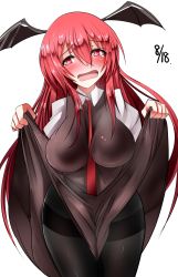 Rule 34 | 1girl, absurdres, between breasts, black pantyhose, blush, breasts, clothes lift, dated, demon girl, demon tail, embarrassed, hair between eyes, head wings, highres, koakuma, large breasts, long hair, makurakabar, necktie, necktie between breasts, open mouth, pantyhose, red eyes, red hair, skirt, skirt hold, skirt lift, solo, sweat, sweatdrop, tail, tears, thighband pantyhose, touhou, very long hair, wings