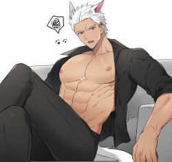 Rule 34 | 1boy, abs, alternate pectoral size, animal ears, archer (fate), bare pectorals, black pants, black shirt, brown eyes, casual, cat boy, cat ears, cat tail, crossed legs, dark-skinned male, dark skin, fate/stay night, fate (series), highres, kemonomimi mode, large pectorals, looking at viewer, male focus, muscular, muscular male, nipples, pants, pectorals, puffy chest, seum (kao husband), shirt, short hair, sideburns, solo, stomach, tail, white hair