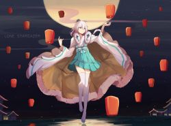 Rule 34 | 1girl, blue dress, blue eyes, chinese clothes, closed mouth, dress, full body, full moon, hair between eyes, hair ornament, highres, honkai (series), honkai impact 3rd, lantern, moon, mush (mushlicious), night, night sky, sky, solo, standing, standing on liquid, standing on one leg, theresa apocalypse, zhuge kongming (honkai impact), white hair, zhuge kongming (honkai impact)