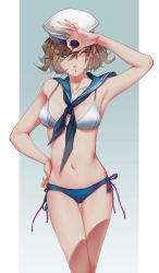 Rule 34 | 1girl, ;o, arm up, armpits, bare arms, bare shoulders, bikini, black bikini, blue neckerchief, blue sailor collar, breasts, brown hair, collarbone, cowboy shot, eyes visible through hair, fingernails, fulushouxijixiangcha, gradient background, green eyes, hair between eyes, hand gesture, hand on own hip, hat, highres, long fingernails, looking at viewer, mismatched bikini, navel, neckerchief, one eye closed, original, parted lips, sailor bikini, sailor collar, sailor hat, short hair, side-tie bikini bottom, small breasts, solo, standing, stomach, swimsuit, thigh gap, thighs, white bikini, white hat