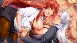 Rule 34 | 1boy, 2girls, akiyama rina (break! the rematch), bisexual female, blurry, blurry background, blush, bra, bra pull, break! the rematch part 1, breast press, breasts, breath, clothed female nude male, clothes pull, cooperative paizuri, erection, formal, game cg, hands on another&#039;s head, highres, holding hands, huge breasts, indoors, interlocked fingers, legs, long hair, looking at another, magukappu, multiple girls, nipples, nude, open clothes, open mouth, original, paizuri, pantyhose, penis, purple eyes, red hair, shirt, silver hair, skirt, smile, standing, suit, thighs, unbuttoned, uncensored, underwear, white shirt, yellow eyes