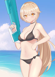 Rule 34 | 1girl, absurdres, bare shoulders, beach, bikini, bingzhi juzi, black bikini, blonde hair, blue sky, blush, breasts, chinese commentary, cleavage, closed mouth, collarbone, feet out of frame, girls&#039; frontline, girls&#039; frontline 2: exilium, hand on own hip, highres, holding, holding water gun, long hair, looking at viewer, medium breasts, navel, ocean, orange eyes, ots-14 (girls&#039; frontline), simple background, sky, solo, standing, swimsuit, water gun