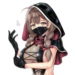 Rule 34 | 1girl, bdsm, black capelet, black gloves, braid, breasts, brown eyes, brown hair, capelet, commentary request, dominatrix, gloves, hood, hood up, hooded capelet, kantai collection, large breasts, long hair, looking at viewer, mask, mouth mask, shinshuu maru (kancolle), simple background, solo, tk8d32, twin braids, upper body, white background