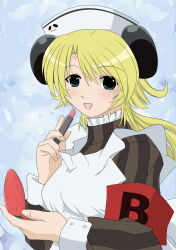 Rule 34 | 1girl, aged up, animal ears, apron, aqua eyes, armband, blonde hair, blue background, breasts, brown dress, collar, di gi charat, dress, female focus, frilled collar, frills, hat, highres, lipstick, long hair, long sleeves, looking at viewer, makeup, medium breasts, monamonamax, nurse cap, open mouth, panda ears, piyoko, red armband, solo, striped clothes, striped dress, upper body, vertical-striped clothes, vertical-striped dress, white apron, white hat