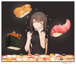 Rule 34 | 1girl, alternate costume, black background, black dress, bob cut, brown hair, chopsticks, closed eyes, commentary request, dated, dress, eating, fish (food), food, hand on own face, head tilt, ikura (food), inverted bob, kantai collection, roe, smile, solo, sparkle, sushi, taihou (kancolle), tsukira (amayadori), upper body
