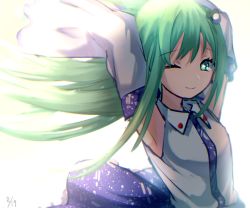 Rule 34 | 1girl, arm behind head, arms up, bad id, bad pixiv id, blinking, breasts, closed mouth, detached sleeves, eyebrows, floating, floating hair, frog, frog hair ornament, hair ornament, highres, japanese clothes, kochiya sanae, long hair, mozuno (mozya 7), one eye closed, shirt, simple background, small breasts, smile, solo, star-shaped pupils, star (symbol), symbol-shaped pupils, touhou, white background, wide sleeves, wind