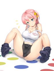 Rule 34 | 1girl, ass, aymusk, black footwear, black skirt, blue eyes, breasts, cleavage, closed mouth, clothes writing, english text, flying sweatdrops, full body, highres, large breasts, long hair, looking at viewer, navel, original, pink hair, raised eyebrows, shirt, side ponytail, simple background, sitting, skirt, socks, solo, spread legs, strap slip, tank top, transparent background, twister, white background, white shirt, wide spread legs