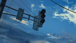Rule 34 | banishment, blue sky, cloud, cloudy sky, commentary request, day, highres, no humans, original, outdoors, power lines, road sign, scenery, shooting star, sign, sketch, sky, summer, traffic light