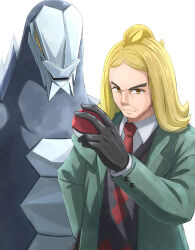 Rule 34 | 1boy, baxcalibur, black gloves, blonde hair, brown eyes, buttons, closed mouth, collared shirt, commentary request, creatures (company), game freak, gloves, green jacket, hand up, hassel (pokemon), highres, itsudzumi, jacket, long sleeves, male focus, necktie, nintendo, open clothes, open jacket, parted bangs, pokemon, pokemon (creature), pokemon sv, red necktie, shirt, vest