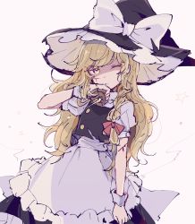 Rule 34 | 1girl, apron, black hat, black skirt, black vest, blonde hair, blood, blood on face, bow, braid, commentary request, cowboy shot, cuts, hair bow, hand up, hat, hat bow, holding, injury, kirisame marisa, long hair, looking at viewer, mini-hakkero, mozukuzu (manukedori), one eye closed, red bow, shirt, short sleeves, single braid, skirt, solo, star (symbol), torn bow, torn clothes, torn hat, torn vest, touhou, vest, white bow, white shirt, witch hat, wrist cuffs, yellow eyes