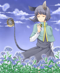 Rule 34 | 1girl, akagashi hagane, animal ears, bad id, bad pixiv id, closed eyes, flower, highres, mouse (animal), mouse ears, mouse tail, navel, pendulum, petals, short hair, solo, tail, touhou