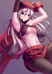 Rule 34 | 10s, 1girl, alisa ilinichina amiella, armpits, arms up, bare shoulders, blue eyes, boots, breasts, elbow gloves, female focus, fingerless gloves, gloves, god eater, grey background, hat, highres, large breasts, long hair, looking at viewer, navel, nicoby, no bra, open mouth, pantyhose, silver hair, skirt, solo, stomach, suspender skirt, suspenders, thighhighs, underboob, weapon