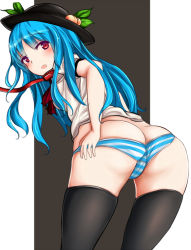 Rule 34 | 1girl, ass, bent over, black thighhighs, blue hair, butt crack, cameltoe, collar, crayon (medium), food, fruit, hand on own hip, hat, hinanawi tenshi, leash, looking at viewer, looking back, no pants, open mouth, panties, panty pull, peach, puffy short sleeves, puffy sleeves, red eyes, shirt, short sleeves, solo, striped clothes, striped panties, thighhighs, touhou, traditional media, underwear, zibun owl