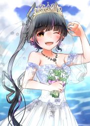 Rule 34 | 1girl, nanashi inc., alternate costume, alternate hairstyle, bare shoulders, black hair, blue sky, blunt bangs, blush, bouquet, breasts, bridal veil, bride, cleavage, cloud, commentary request, dameyoshi, demon girl, demon horns, demon tail, dress, flower, highres, holding, holding bouquet, horns, jewelry, kojo anna, long hair, looking at viewer, medium breasts, multicolored hair, necklace, one eye closed, open mouth, outdoors, pointy ears, purple hair, side ponytail, sky, smile, solo, strapless, strapless dress, sugar lyric, tail, tiara, two-tone hair, upper body, veil, virtual youtuber, wedding dress, white dress, yellow eyes